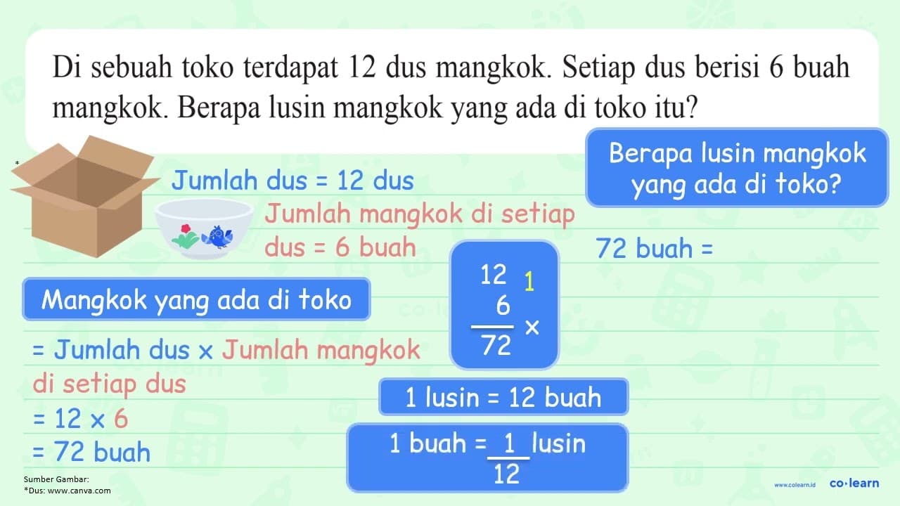 Di sebuah toko terdapat 12 dus mangkok. Setiap dus berisi 6