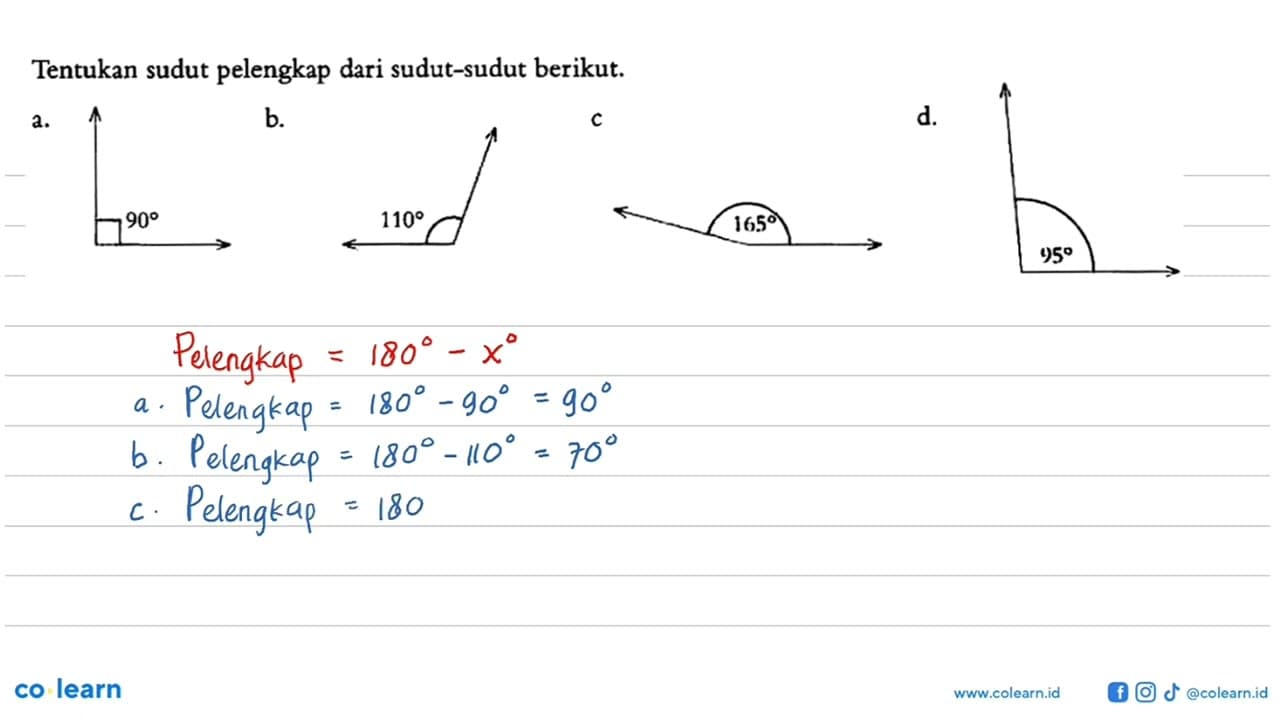 Tentukan sudut pelengkap dari sudut-sudut berikut.a. Sudut