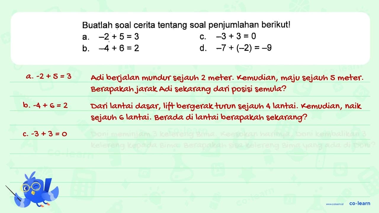 Buatlah soal cerita tentang soal penjumlahan berikut! a. -2