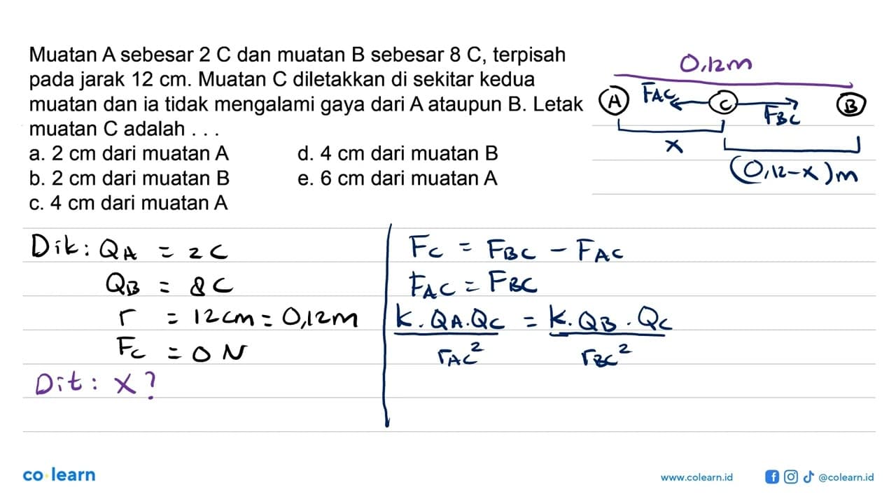 Muatan A sebesar 2 C dan muatan B sebesar 8 C, terpisah