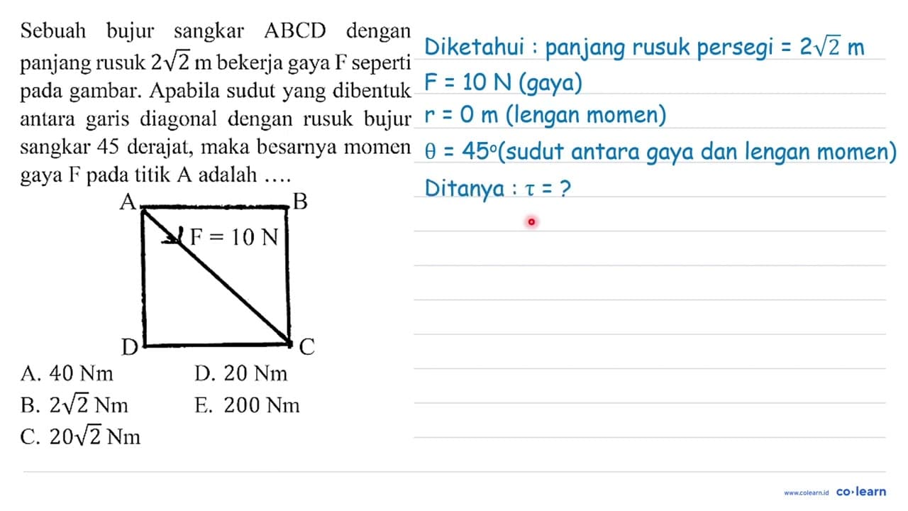 Sebuah bujur sangkar ABCD dengan panjang rusuk 2 akar(2) m