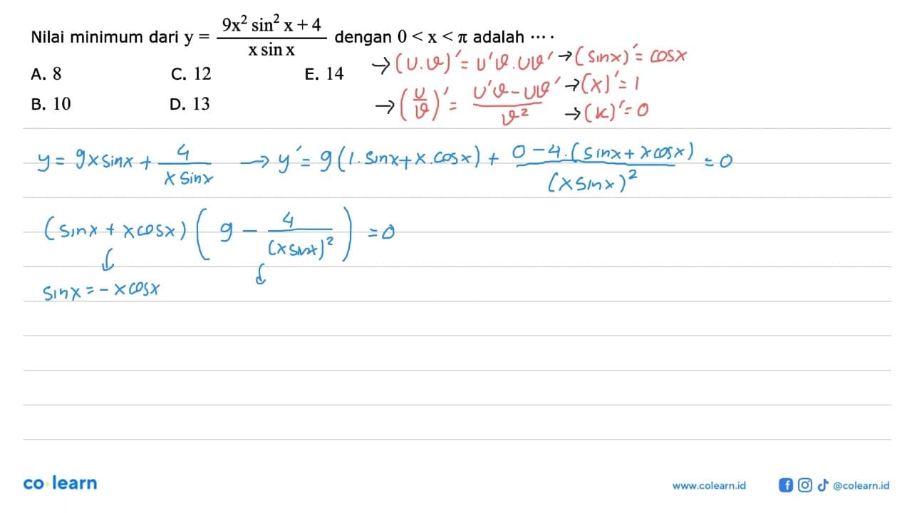 Nilai minimum dari y=(9x^2sin^2 x+4)/(x sin x) dengan