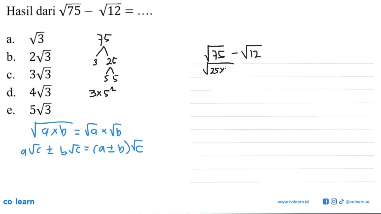 Hasil dari akar(75)-akar(12)=