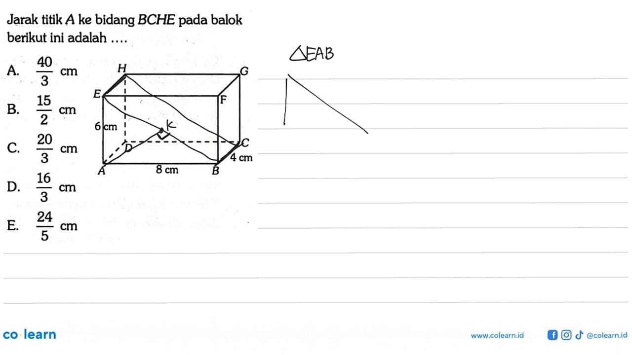 Jarak titik A ke bidang BCHE pada balok berikut ini