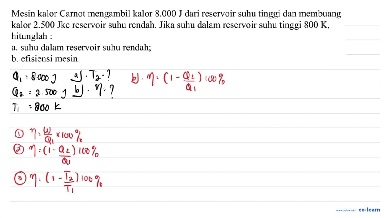 Mesin kalor Carnot mengambil kalor 8.000 J dari reservoir