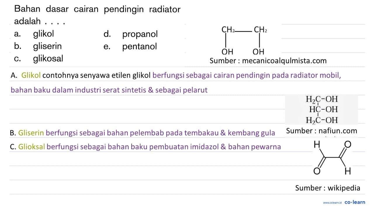 Bahan dasar cairan pendingin radiator adalah .... a. glikol