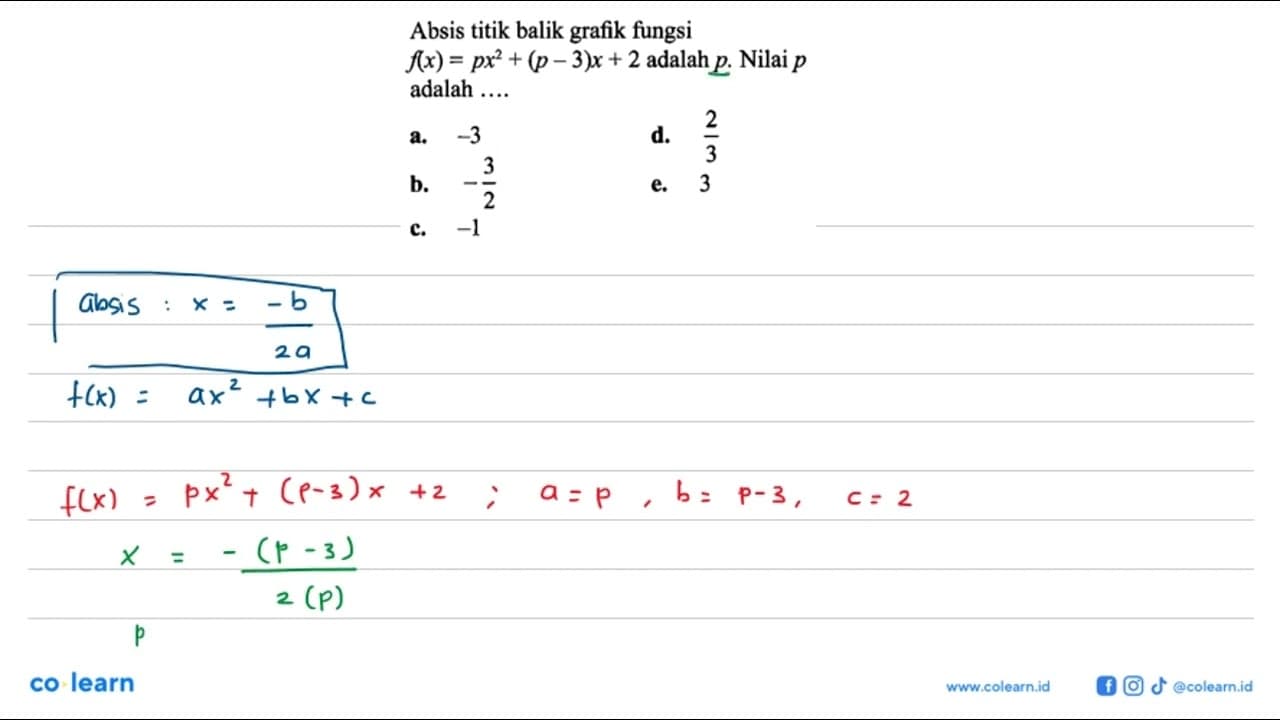 Absis titik balik grafik fungsi f(x)=px^2+(p-3)x+2 adalah