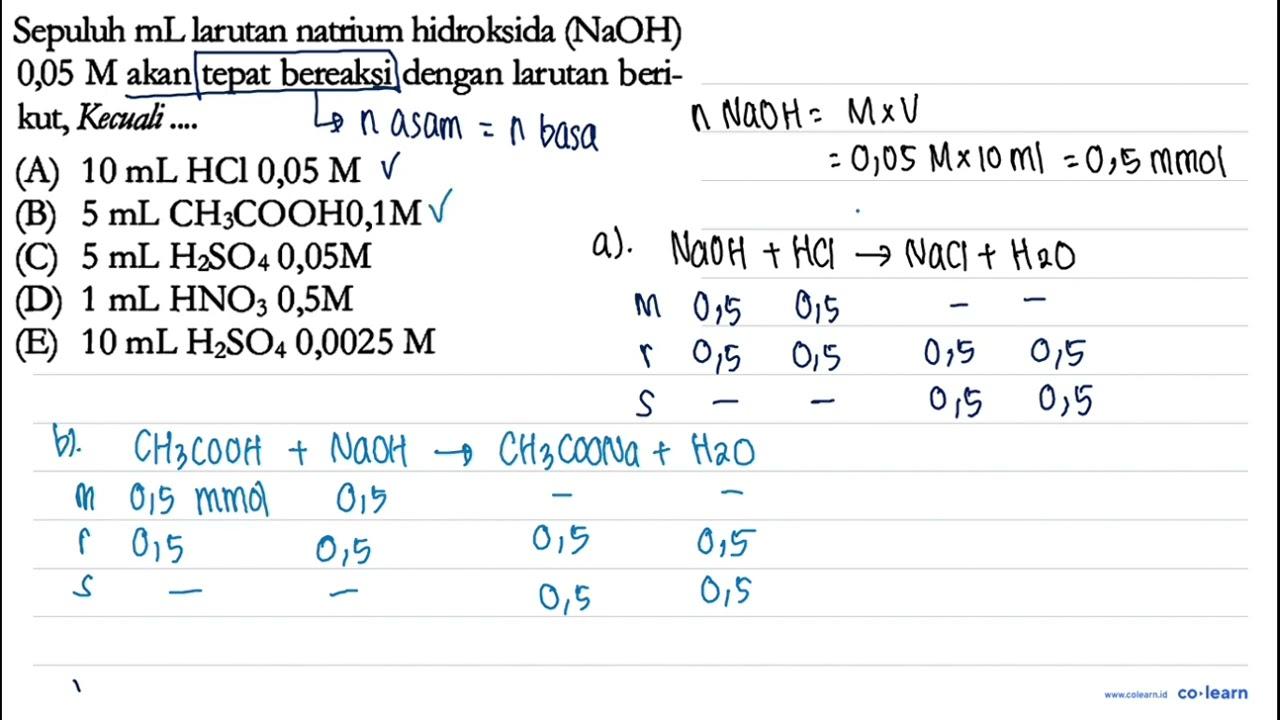 Sepuluh mL larutan natrium hidroksida (NaOH) 0,05 M akan