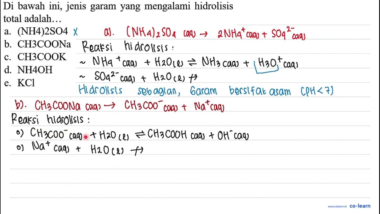 Di bawah ini, jenis garam yang mengalami hidrolisis total