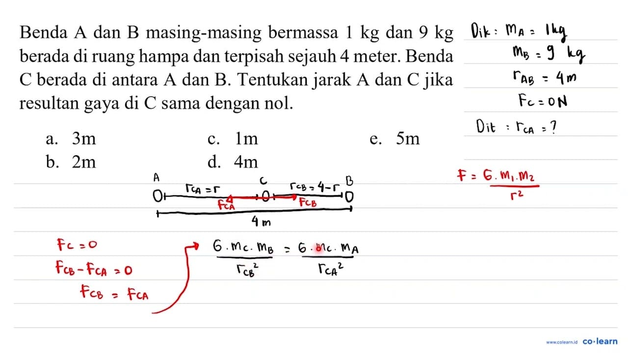 Benda A dan B masing-masing bermassa 1 kg dan 9 kg berada