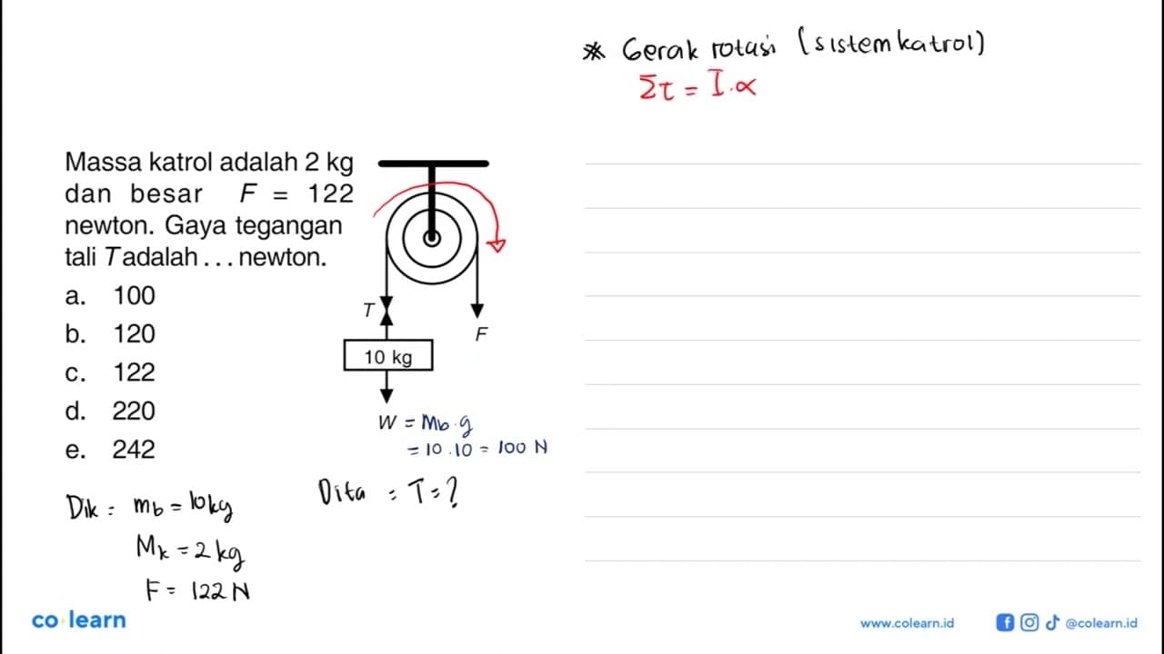 Massa katrol adalah 2 kg dan besar F=122 newton. Gaya