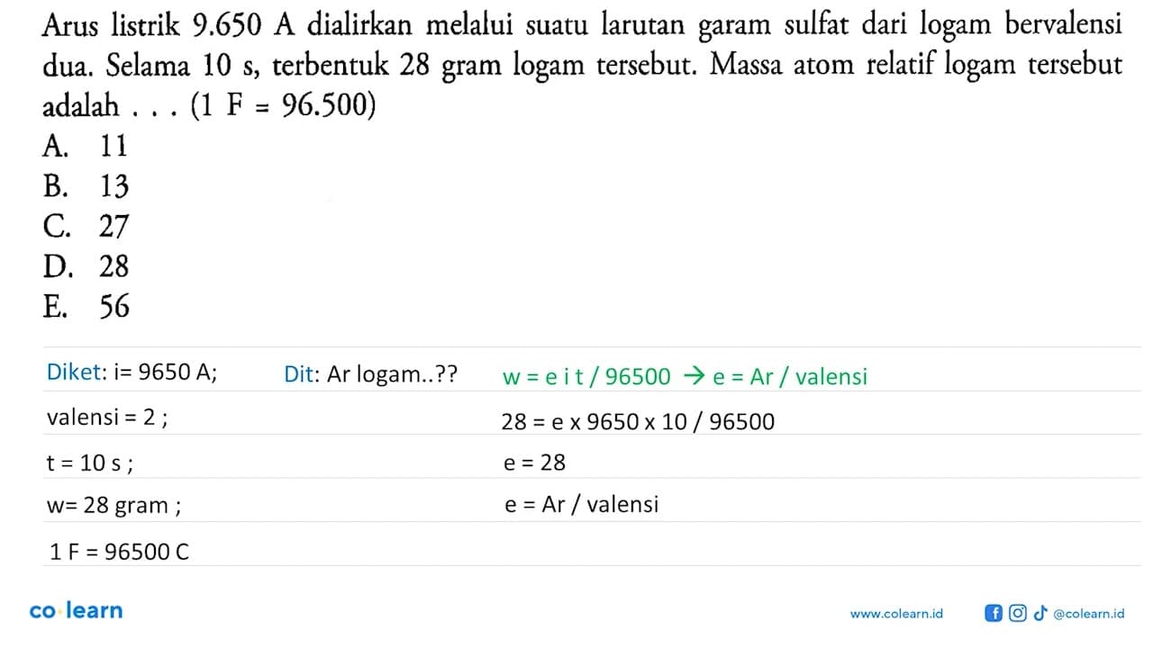 Arus listrik 9.650 A dialirkan melalui suatu larutan garam