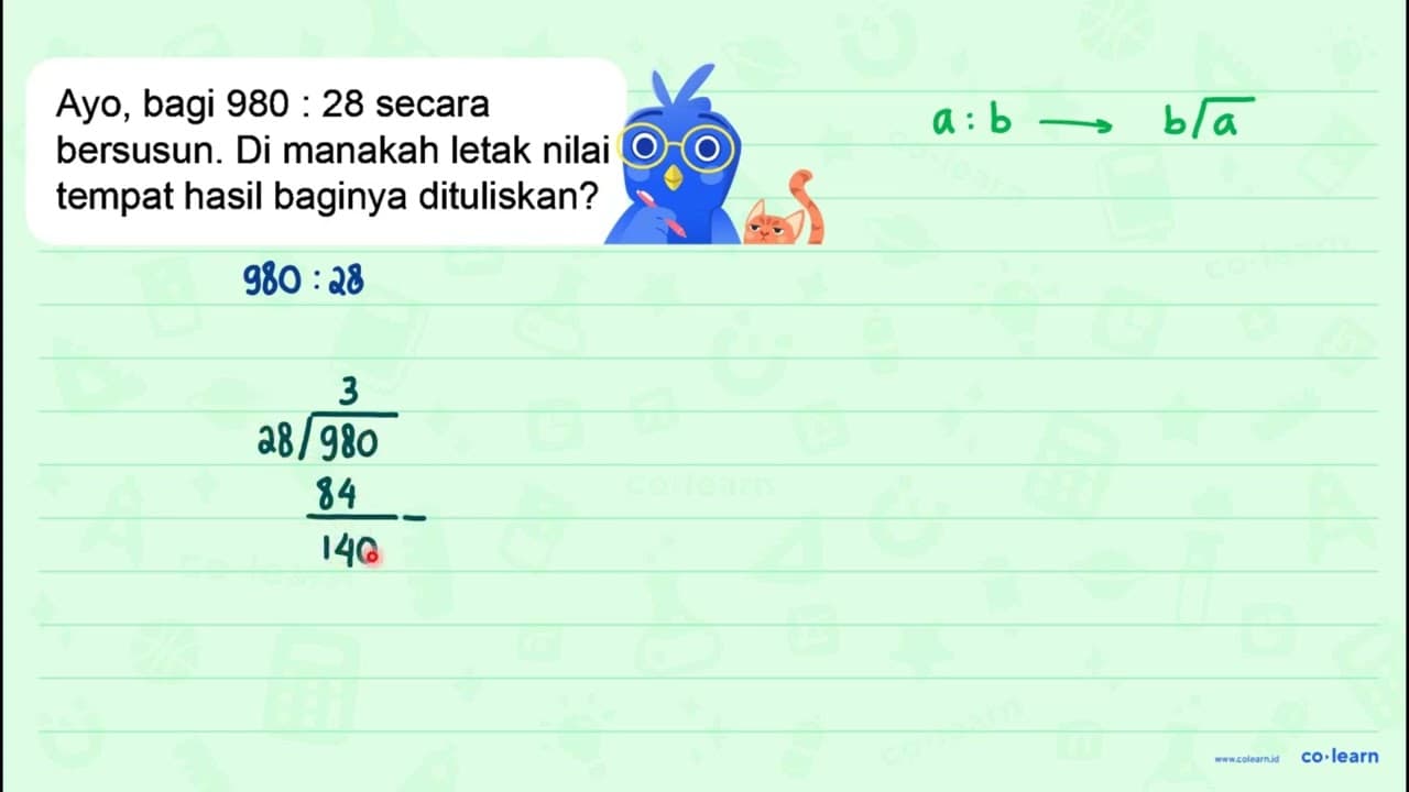 Ayo, bagi 980: 28 secara bersusun. Di manakah letak nilai