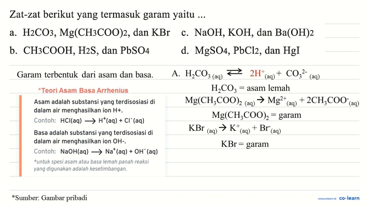 Zat-zat berikut yang termasuk garam yaitu ... a. H_(2)