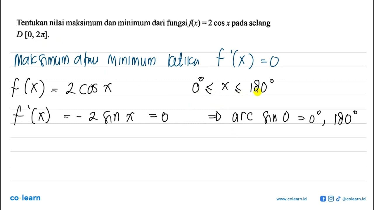 Tentukan nilai maksimum dan minimum dari fungsi f(x)=2 cos