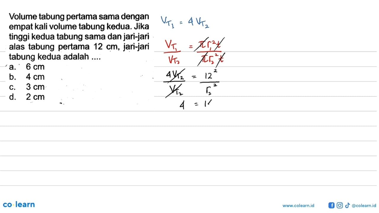 Volume tabung pertama sama dengan empat kali volume tabung