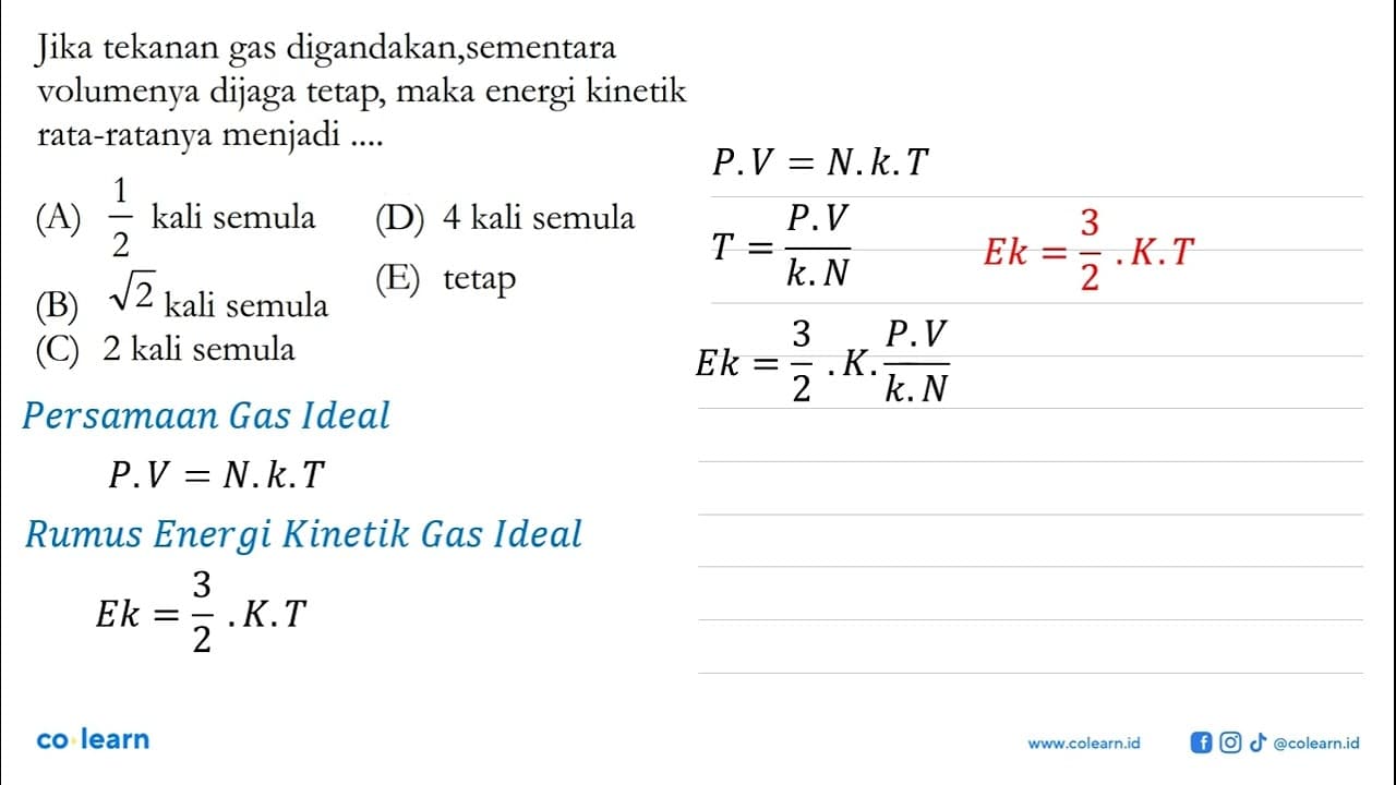 Jika tekanan gas digandakan, sementara volumenya dijaga