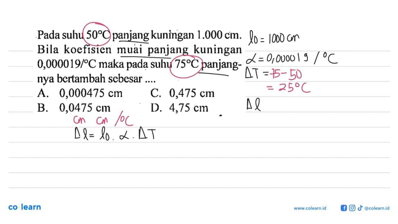 Pada suhu 50 C panjang kuningan 1.000 cm. Bila koefisien