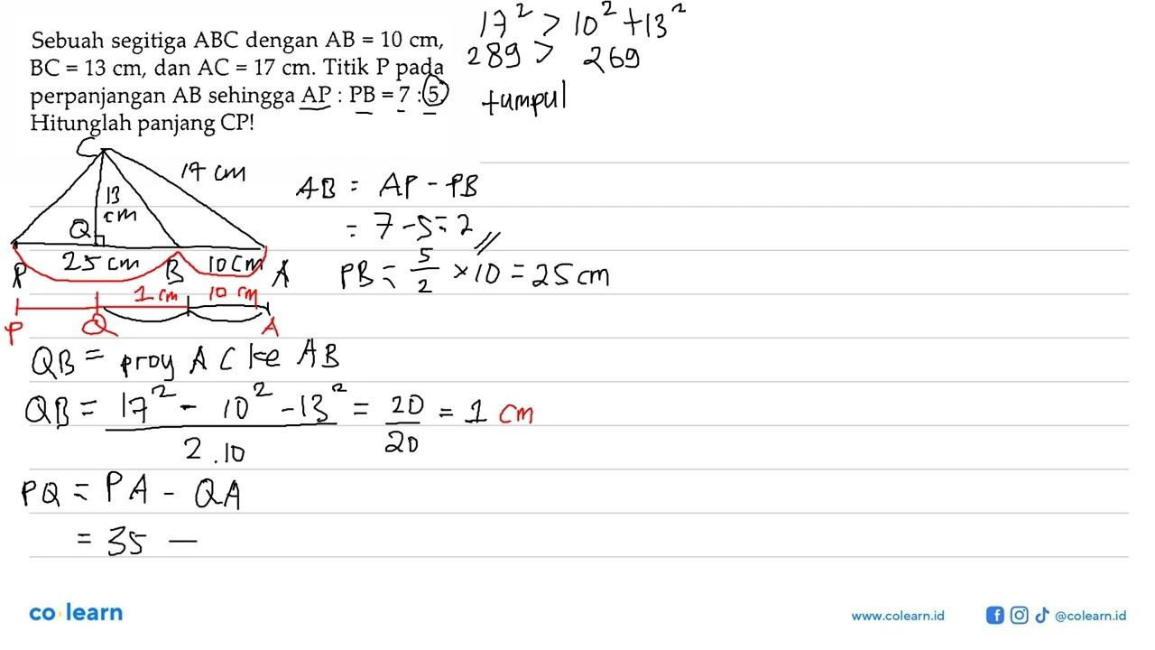 Sebuah segitiga ABC dengan AB=10 cm, BC=13 cm, dan AC=17