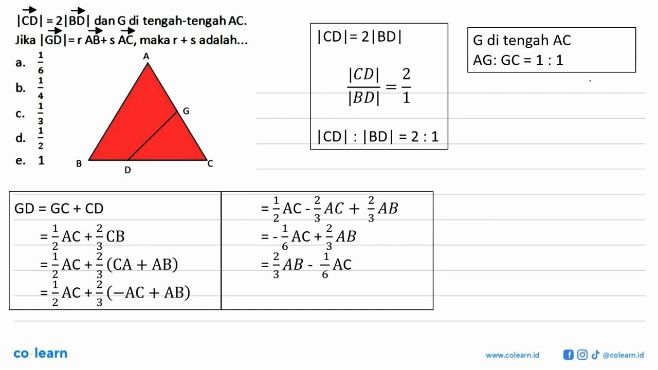 |CD|=2|BD| dan G di tengah-tengah AC. Jika |GD|=r AB+s AC ,