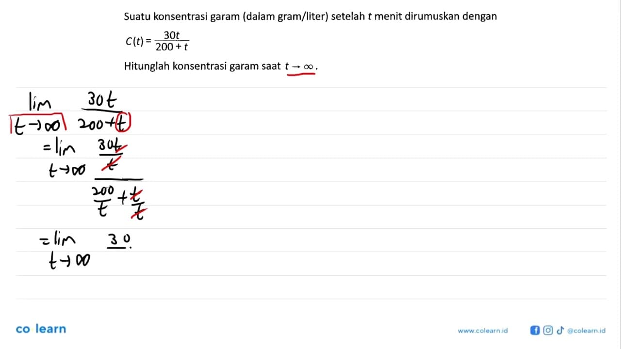 Suatu konsentrasi garam (dalam gram/liter) setelah t menit