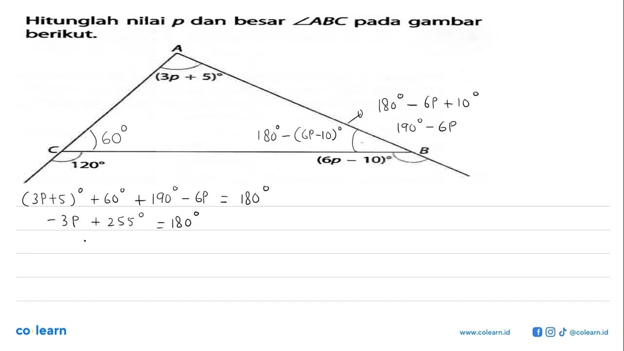 Hitunglah nilai p dan besar sudut ABC pada gambar berikut.