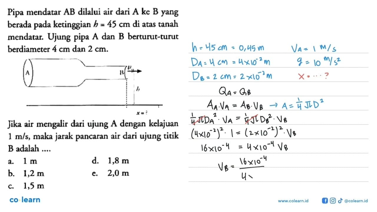 Pipa mendatar AB dilalui air dari A ke B yang berada pada