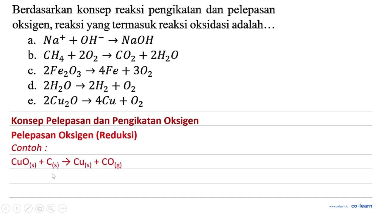 Berdasarkan konsep reaksi pengikatan dan pelepasan oksigen,