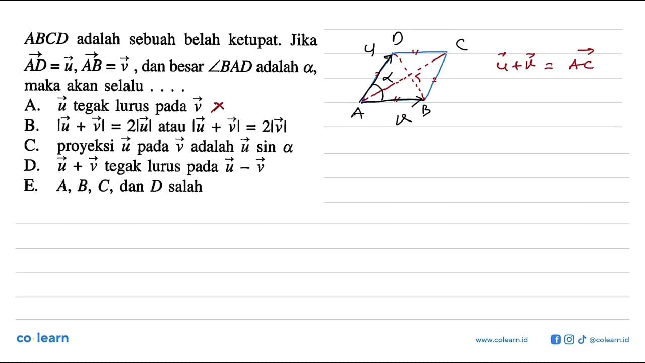 ABCD adalah sebuah belah ketupat. Jika vektor AD=u, vektor