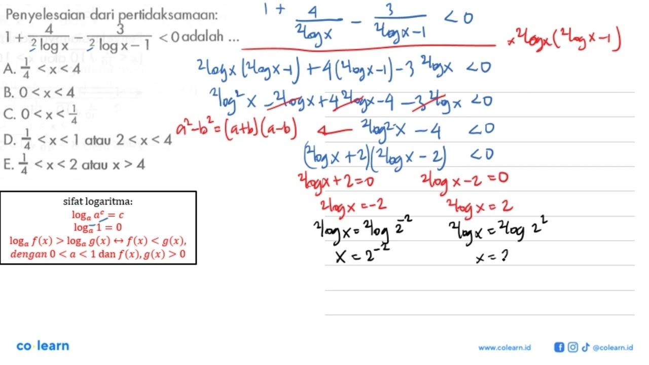 Penyelesaian dari pertidaksamaan: (1 + (4/2logx -3))/(2log