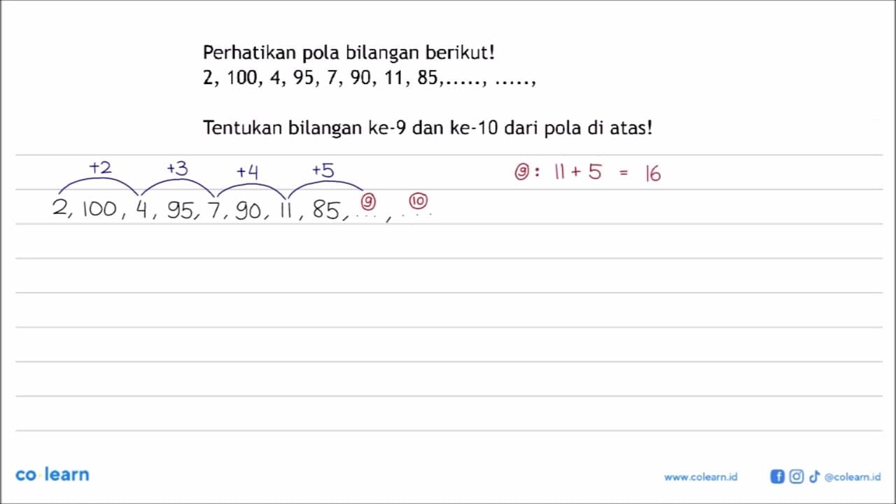 Perhatikan pola bilangan berikut! 2, 100, 4, 95, 7, 90, 11,