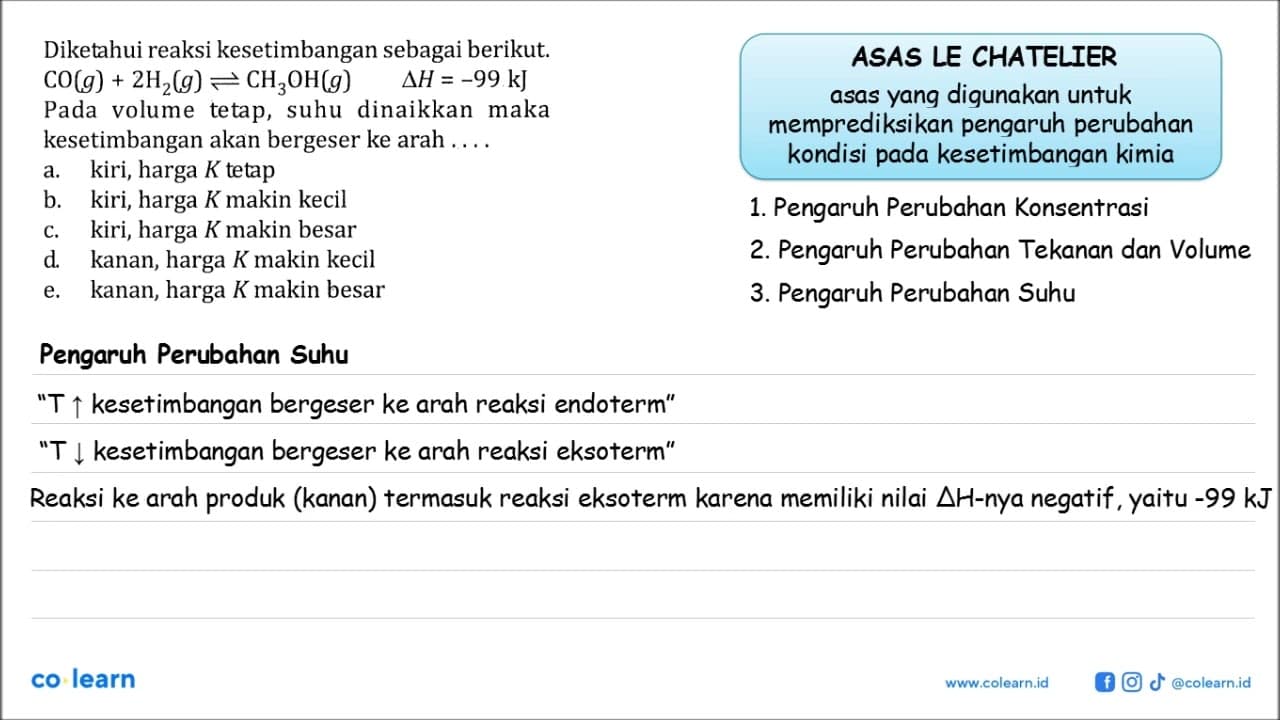 Diketahui reaksi kesetimbangan sebagai berikut. CO(g)+2