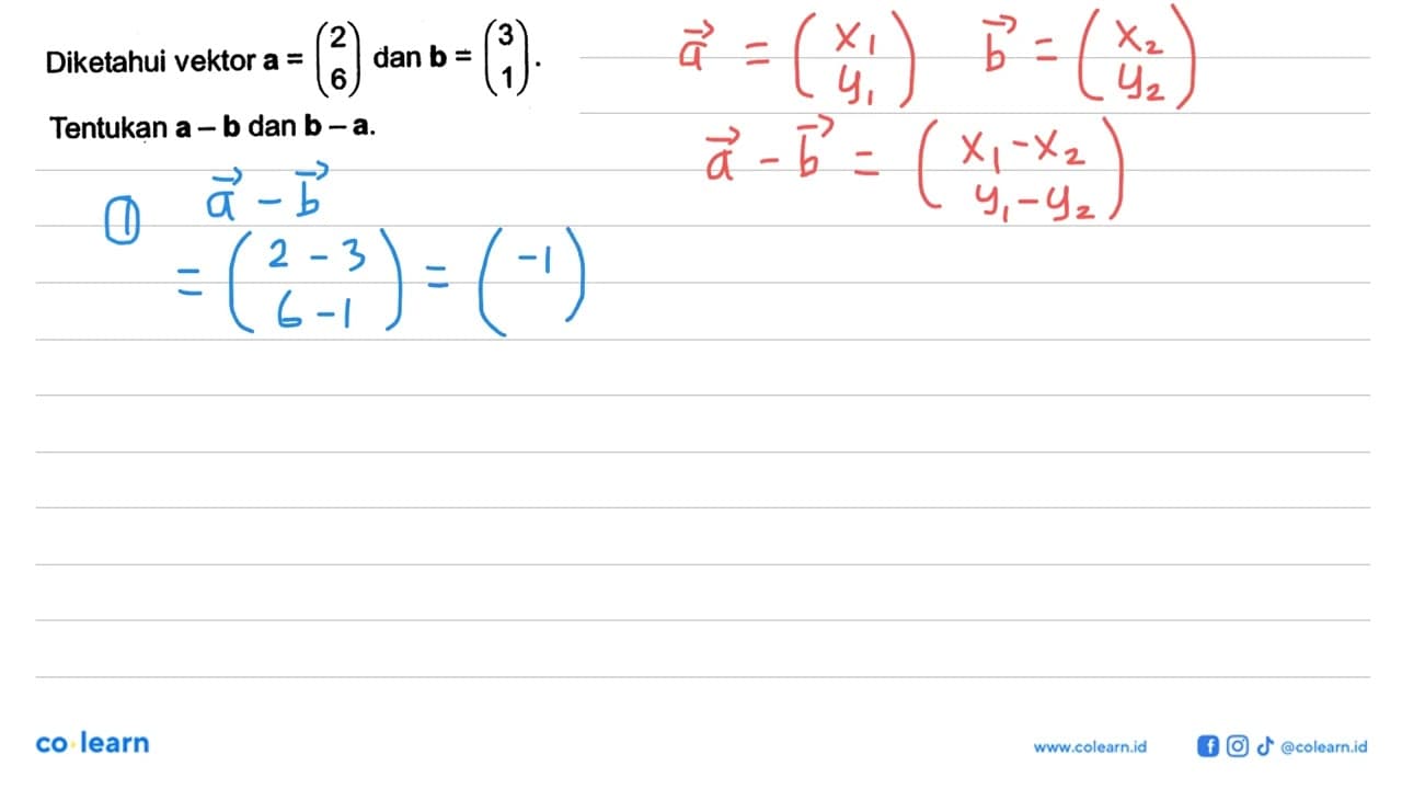 Diketahui vektor a=(2 6) dan b=(3 1). Tentukan a-b dan b-a.