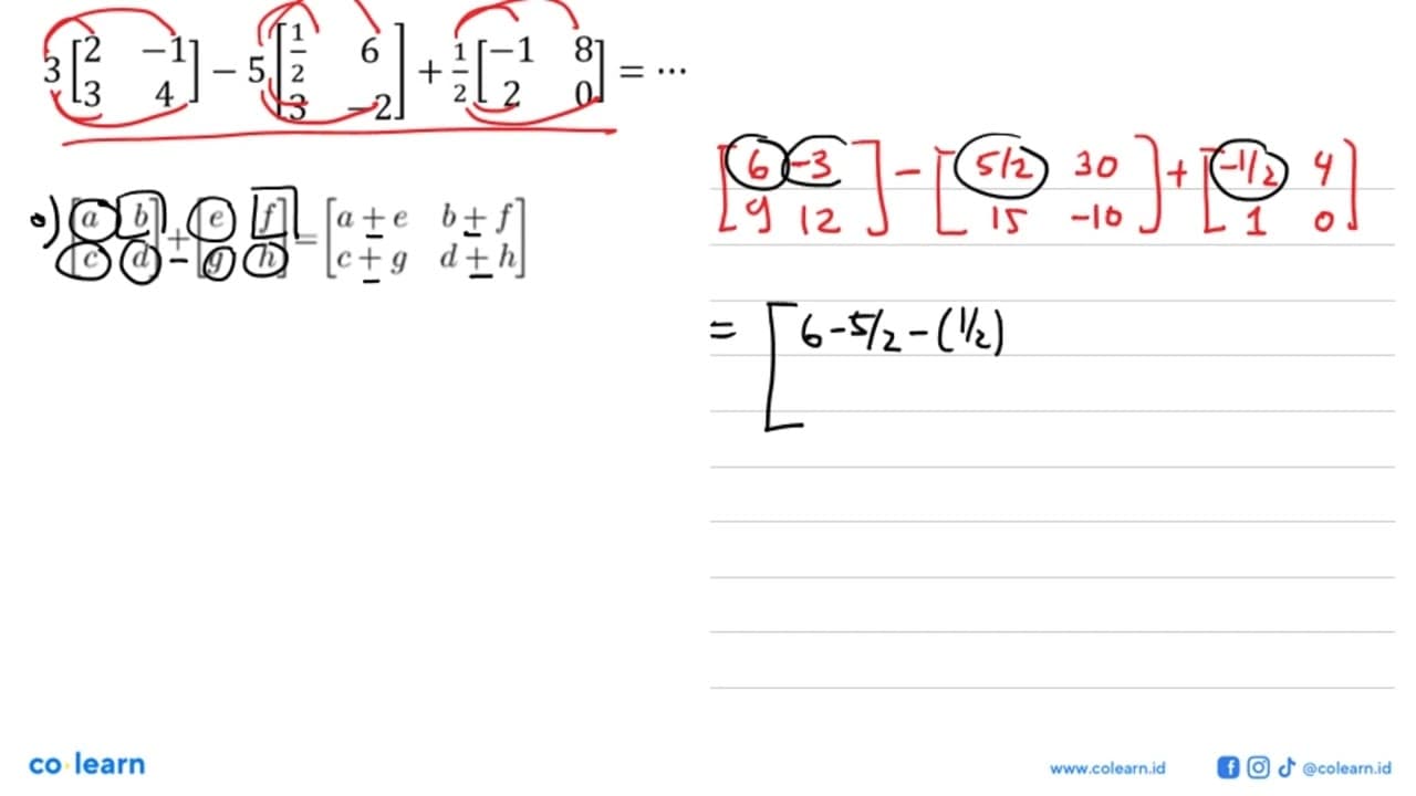 3(2 -1 3 4)-5(1/2 6 3 -2)+(1/2)(-1 8 2 0)=...