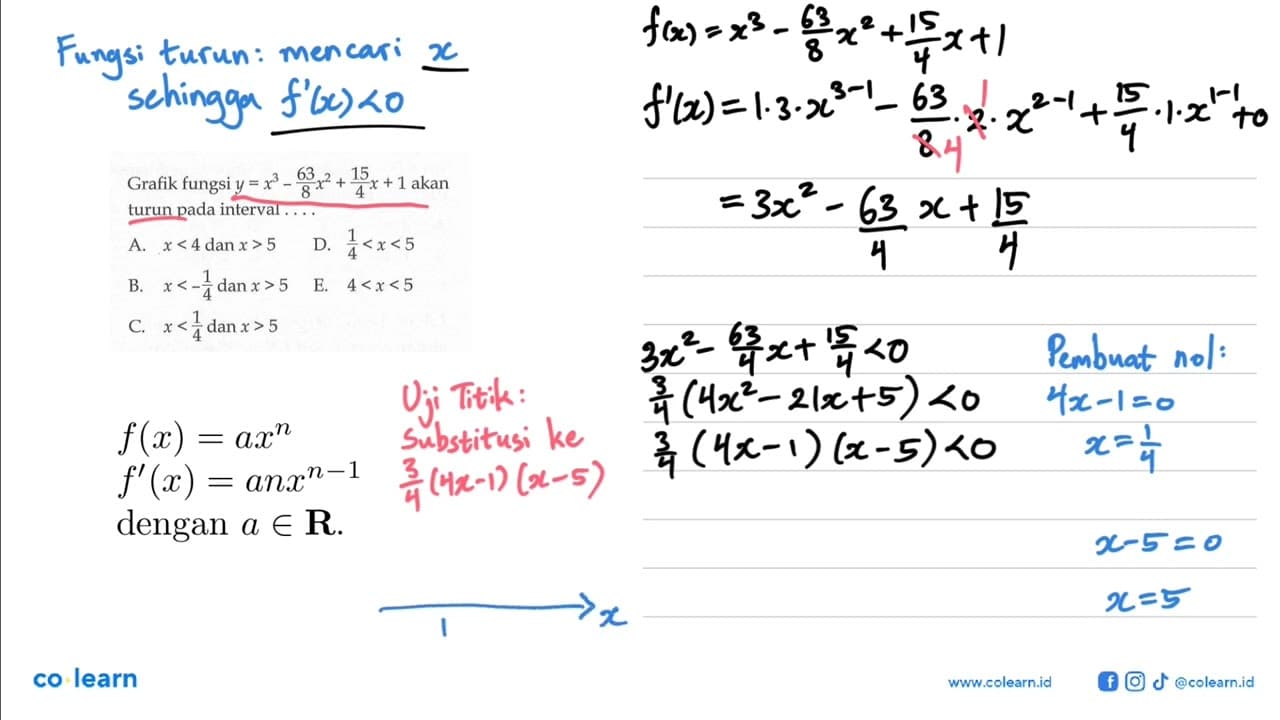 Grafik fungsi y=x^3-63/8 x^2+15/4 x+1 akan turun pada