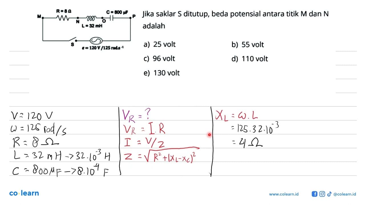 R = 8 ohm C = 800 mu F M P N O L = 32 mH S epsilon = 120 V/