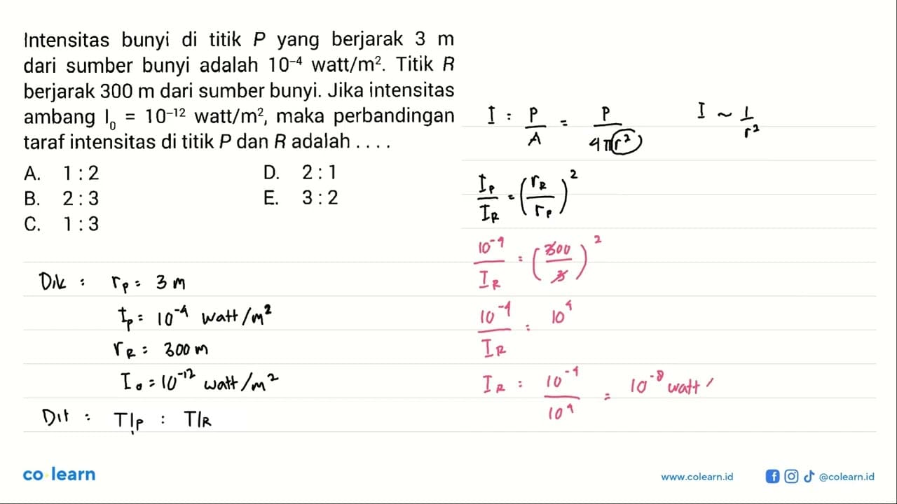 Intensitas bunyi di titik P yang berjarak 3 m dari sumber