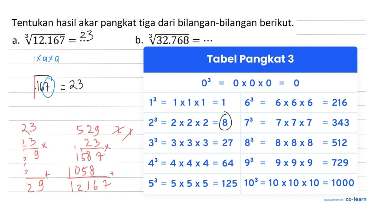 Tentukan hasil akar pangkat tiga dari bilangan-bilangan