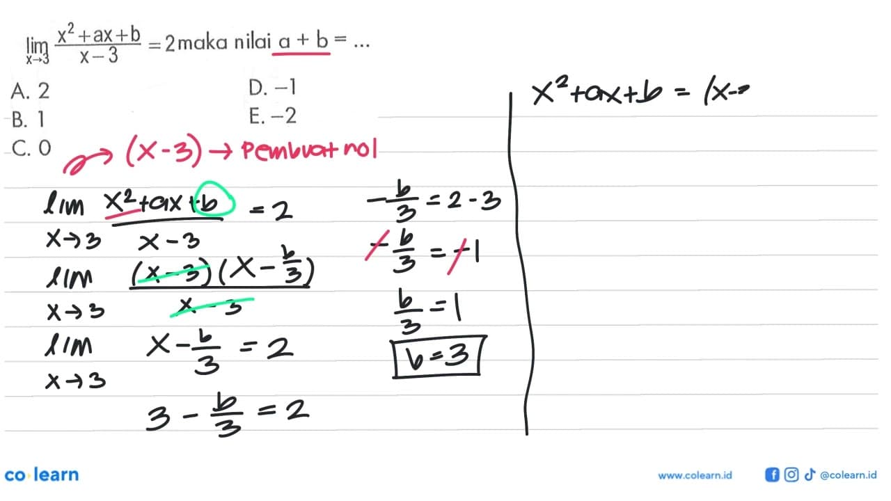 lim x -> 3 (x^2+ax+b)/(x-3) = 2 maka nilai a + b = ...