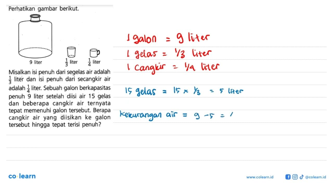 Perhatikan gambar berikut: 9 liter 1/3 liter 1/4 liter.