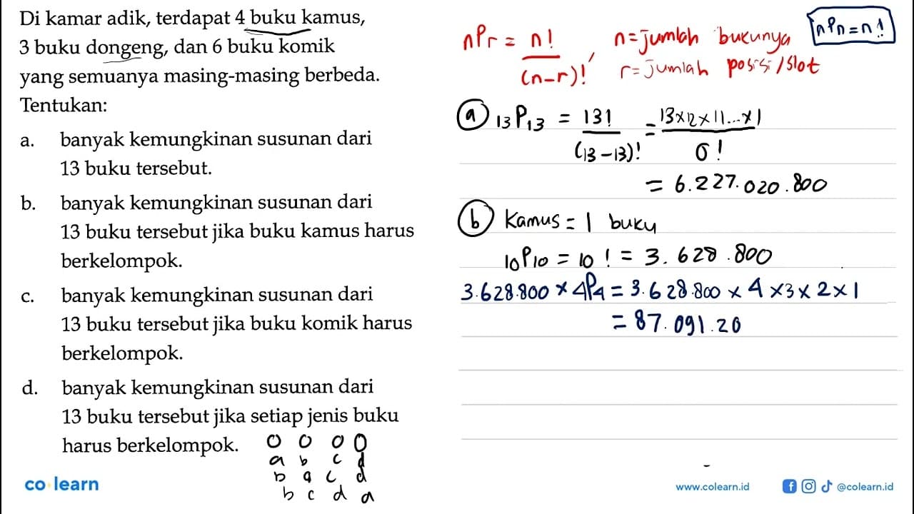 Di kamar adik, terdapat 4 buku kamus, 3 buku dongeng, dan 6