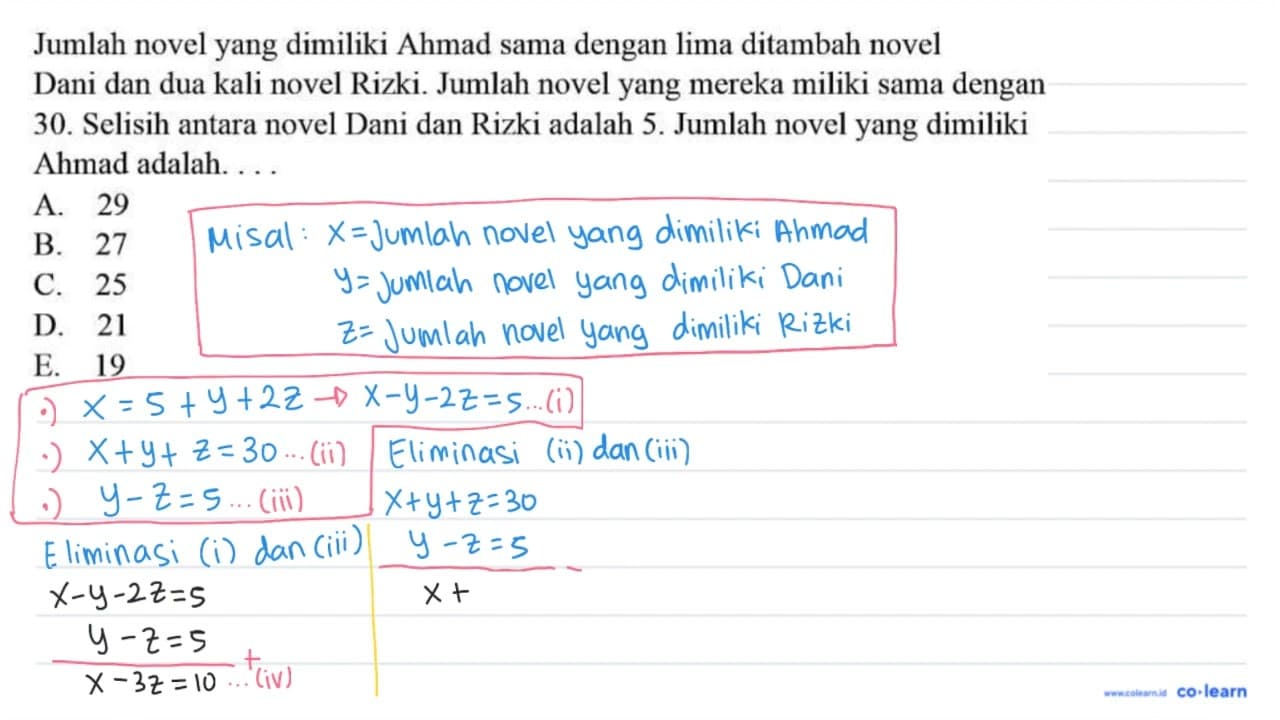 Jumlah novel yang dimiliki Ahmad sama dengan lima ditambah