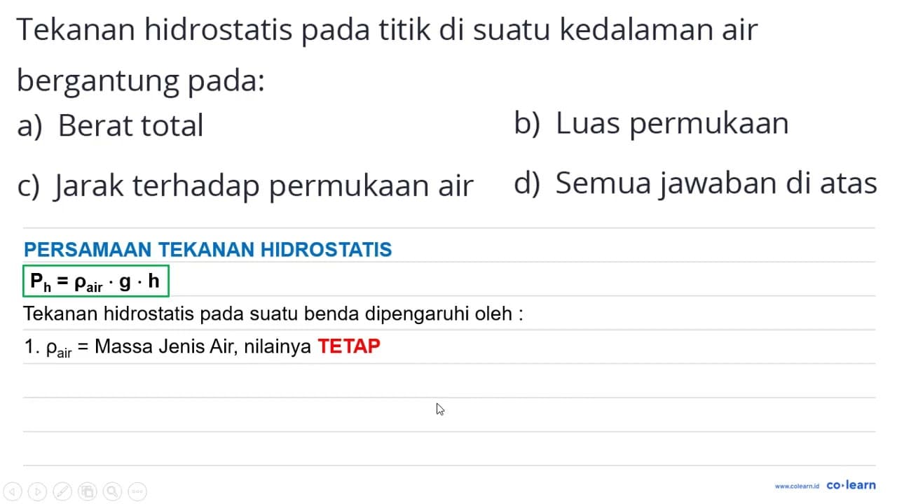 Tekanan hidrostatis pada titik di suatu kedalaman air