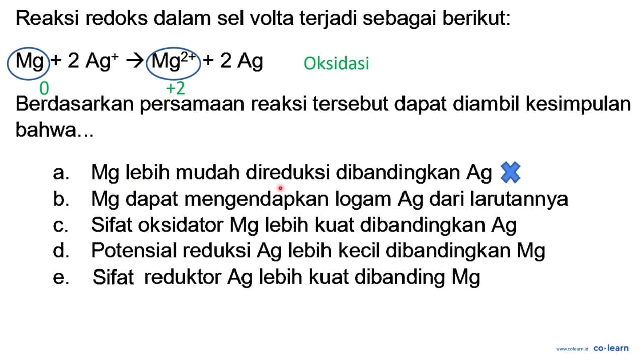 Reaksi redoks dalam sel volta terjadi sebagai berikut: Mg+2