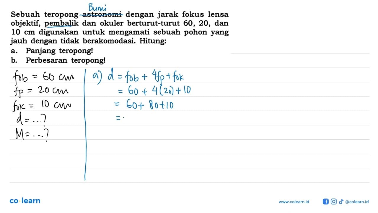 Sebuah teropong astronomi dengan jarak fokus lensa