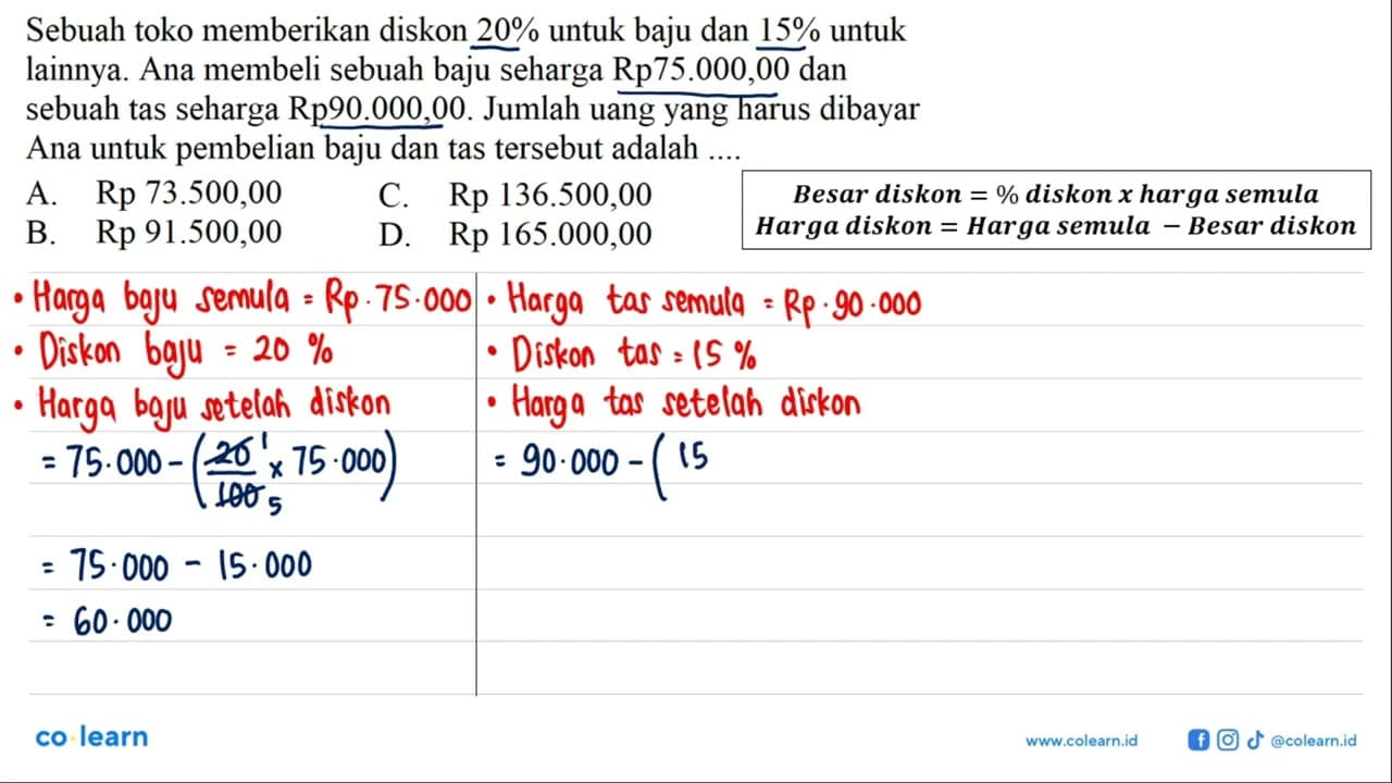 Sebuah toko memberikan diskon 20% untuk baju dan 15% untuk