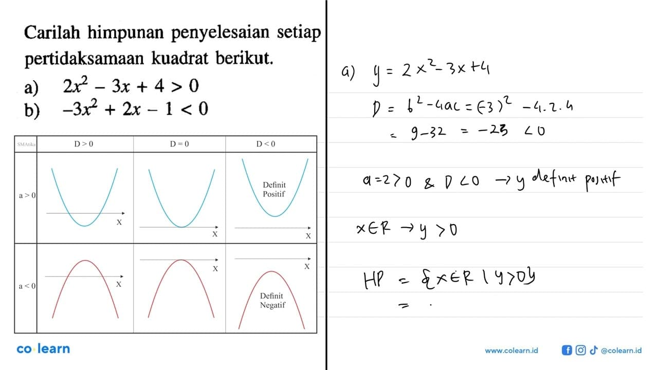 Carilah himpunan penyelesaian setiap pertidaksamaan kuadrat