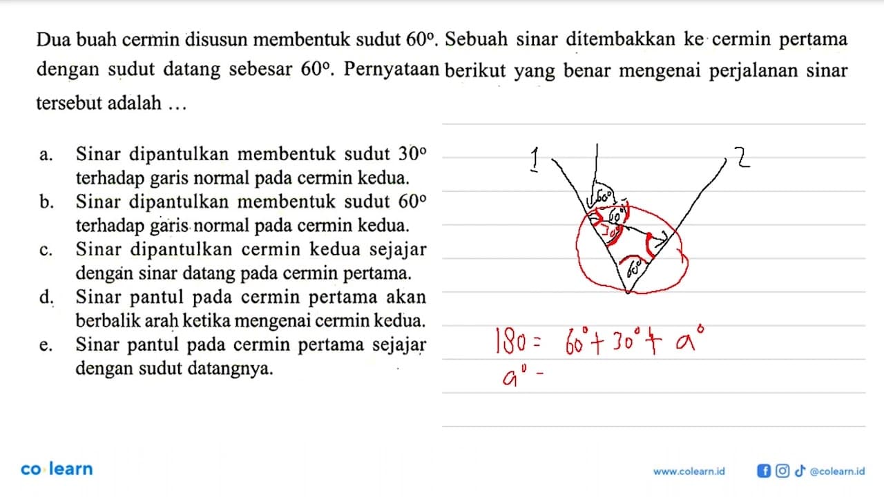 Dua buah cermin disusun membentuk sudut 60 . Sebuah sinar