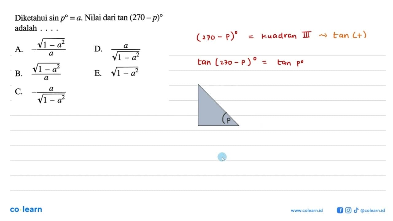 Diketahui sin p=a . Nilai dari tan (270-p) adalah ...A.