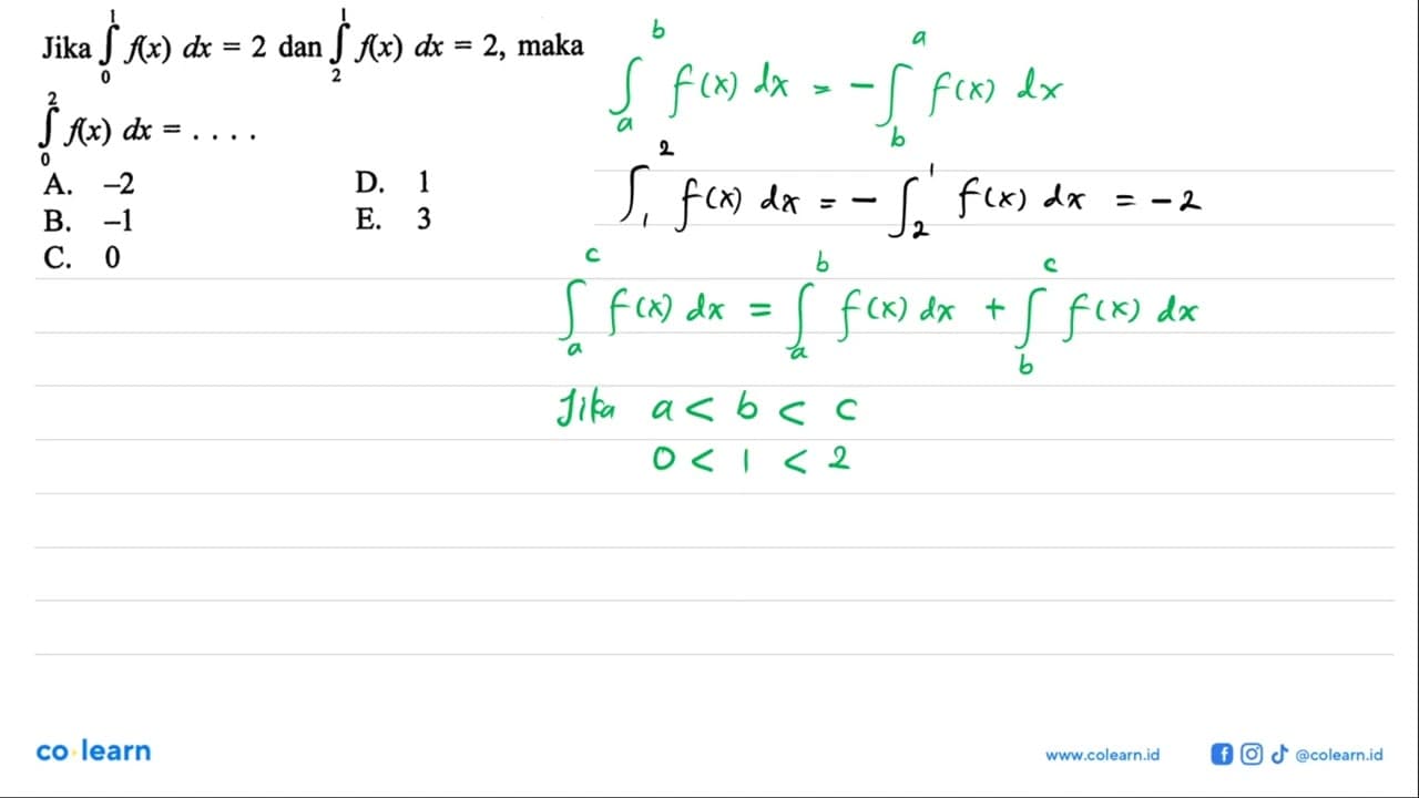 Jika integral 0 1 f(x) dx=2 dan integral 2 1 f(x) dx=2,